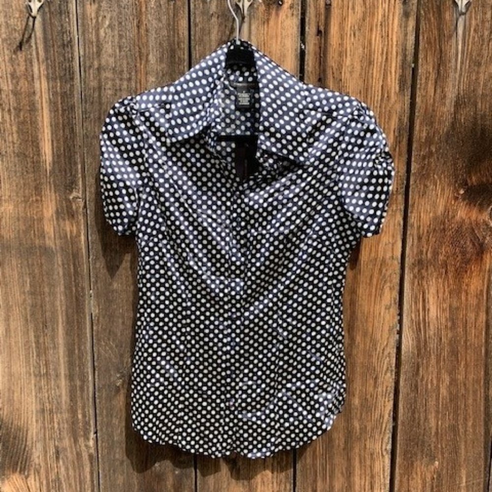 Navy and white polka dot blouse